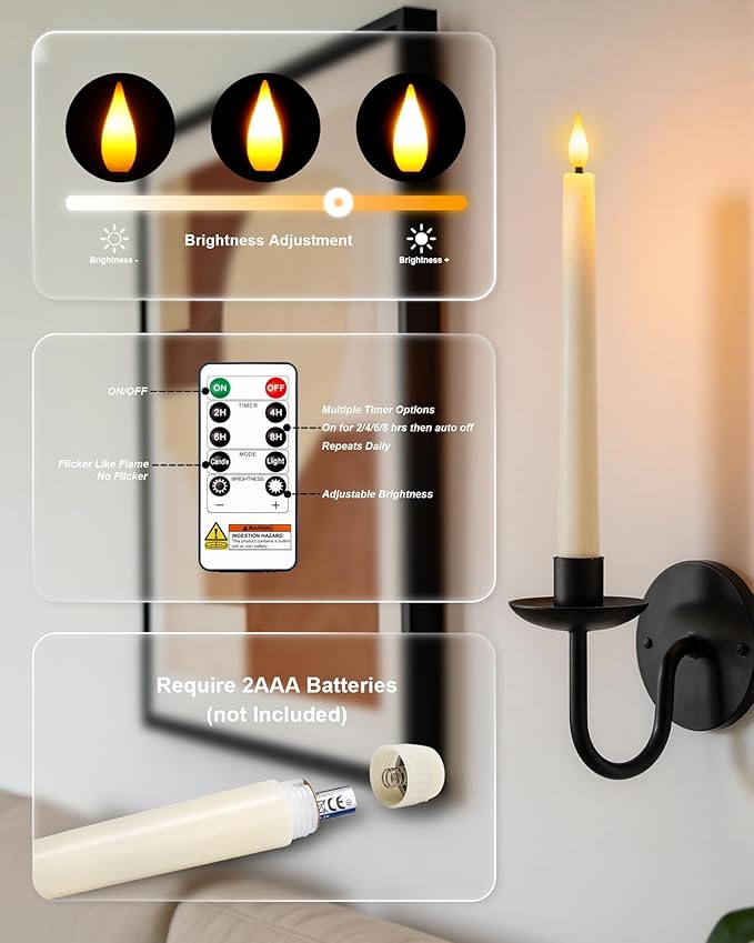 Homemory 2 Pcs Waxy Flameless Taper Candles with Remote, Flickering Battery Operated Taper Candle, Led Flameless Candlesticks Classic Tall Candles for Home, Wedding, Party, Ivory, 9.6 inches