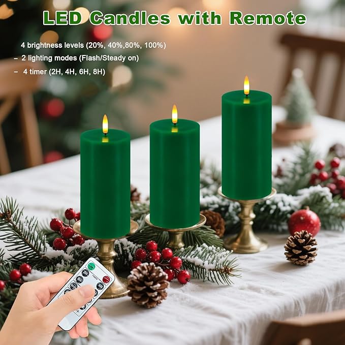 Green Flameless Candles, Set of 2 7"x3" Flickering LED Candles with Remote & Timer, Dimmable Electric Pillar Candles Battery Operated, Candles Light for Home St. Patrick's Christmas Decor (Green)
