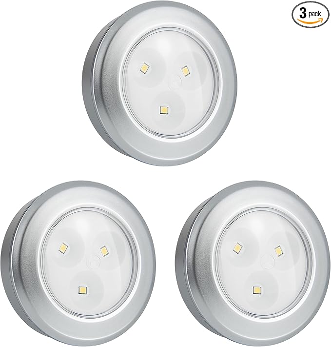Wireless LED Puck Lights, Touch Activated Tap Ligh, Battery Operated Stick On Lights for Under Cabinet, Kitchen, Closet & Counters, 3-Pack, Silver
