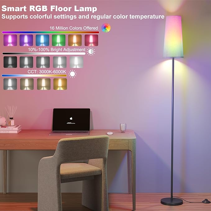 SUNMORY RGB Floor Lamps for Living Room, Smart APP Remote Control Standing Lamp with RGB Bulb, Dimmable Floor Lamp for Bedroom, Office, 61'' Tall Lamp, Suitable for Modern/Boho/Farmhouse Decor Styles