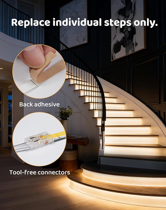 16-Step LED Stair Lights, 12V 6W 3000K Warm White Stair Lighting with Radar Motion & Daylight Sensors, Remote Control, Cuttable Every 1 Inch, Plug-and-Play Design,UL Listed