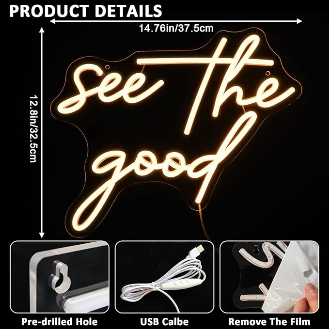 See The Good Neon Sign for Wall Decor, Warm White Led Signs for Room, USB Dimmable Neon Lights for Bedroom Home Living Room Party Cafe Business Pub Motivational Wall Art Birthday Gift