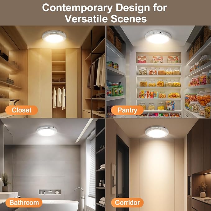 2 Pack Rechargeable Ceiling Light with Motion Sensor: Battery Operated LED Closet Light with Remote & Timing - Wireless Dimmable Magnetic Mount Shower Lamp for Bathroom/Stairs/Garage/Hallway