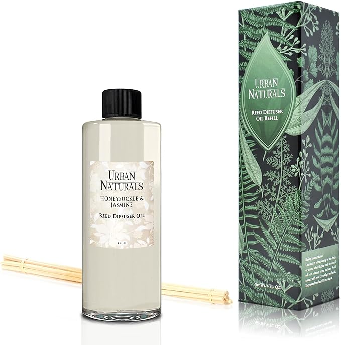 Urban Naturals Reed Diffuser Oil Refill Honeysuckle Jasmine with Hyacinth, Cassis, Neroli, Rose, Iris, Lily of the Valley 8 oz + Free Reed Sticks, Made in the USA