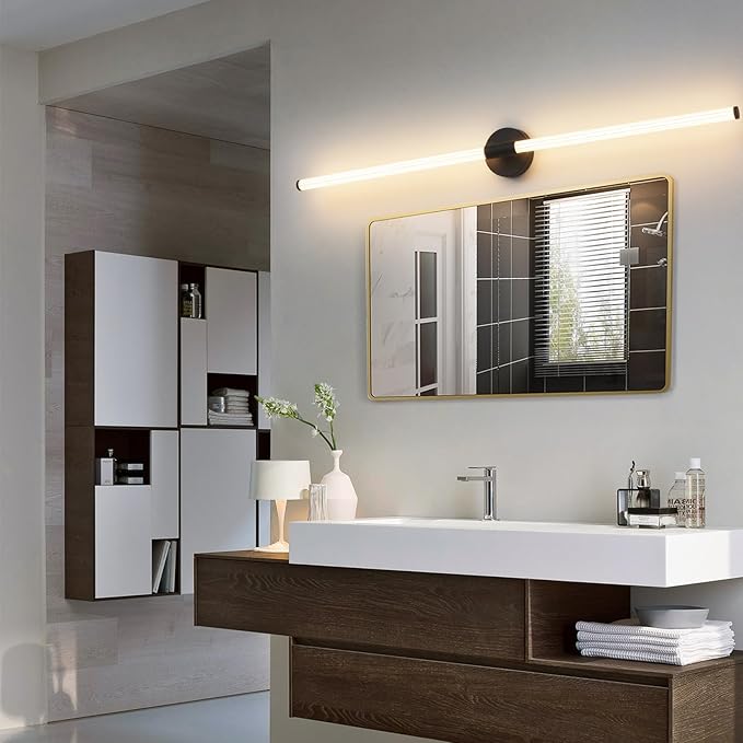 Dimmable LED Bathroom Vanity Lights Hardwired 360° Full Lighting Bathroom Light Fixtures Over Mirror Vanity Light Bar Modern Wall Sconce Warm Light for Bedroom Living Room - Black, 47 inch