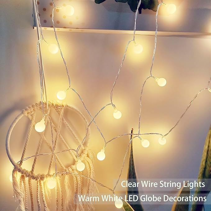 USB & Battery Operated Globe String Lights, 19.6 ft 40 LED Lighted Fairy Aesthetic Frosted Ball Bubble Light for Apartment Balcony Bedroom Dorm Classroom Indoor Outdoor Decir, Warm White
