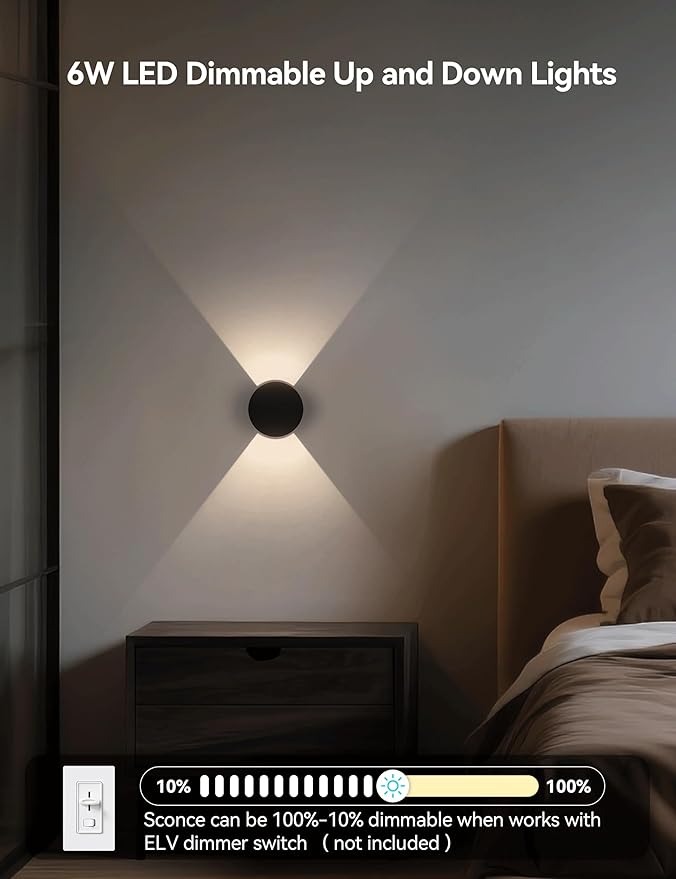Tubicen Wall Sconce Set of 2 Black Round Wall Lights Beam-Adjustable LED Dimmable Movie Theater Sconce Lighting Up Down Hardwired Indoor Small Wall Lights for Living Room Bedroom Hallway Stairway