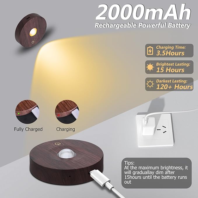 Rechargeable Puck Lights, 3 Color Temp & Dimmable Under Cabinet Lighting, Magnetic Battery Operated Closet Light, No Wiring Needed, 2W, 70 Lumens (5 Pack, Woodgrain)
