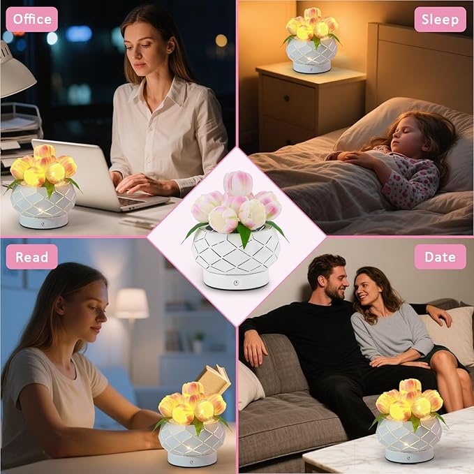 Tulip Flower Lamps, 3 Colors Dimmable Touch Lamp with Vase, USB Rechargeable LED Flower Lamp, Artificial Flower Bedside Lamp, Romantic Night Light with Tulip, Gifts for Mother Wife Girls (Pink Tulip)