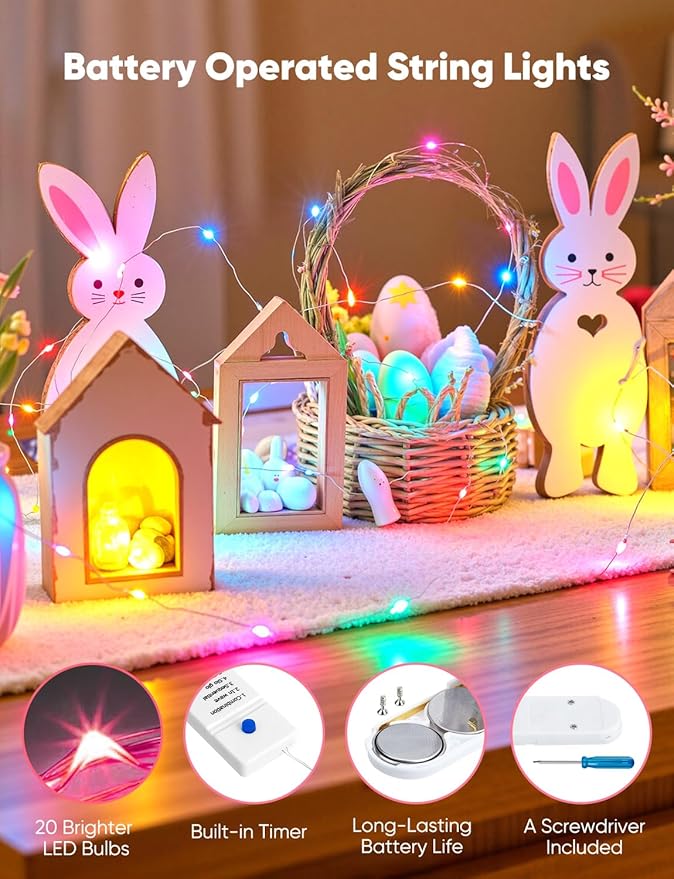 Minetom 12 Pack Pastel Christmas Lights, Easter Decor 7ft 20 LED Fairy Lights Battery Operated String Lights, Easter Decorations for Home, 8 Modes Waterproof Silver Wire Twinkle Lights