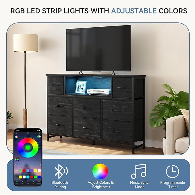 DUMOS TV Stand Dresser with 8 Fabric Drawers and Open Shelves, LED Entertainment Center with Charging Station, Wood Top Media Console for 45-55 inch, Bedroom, Woodgrain Black