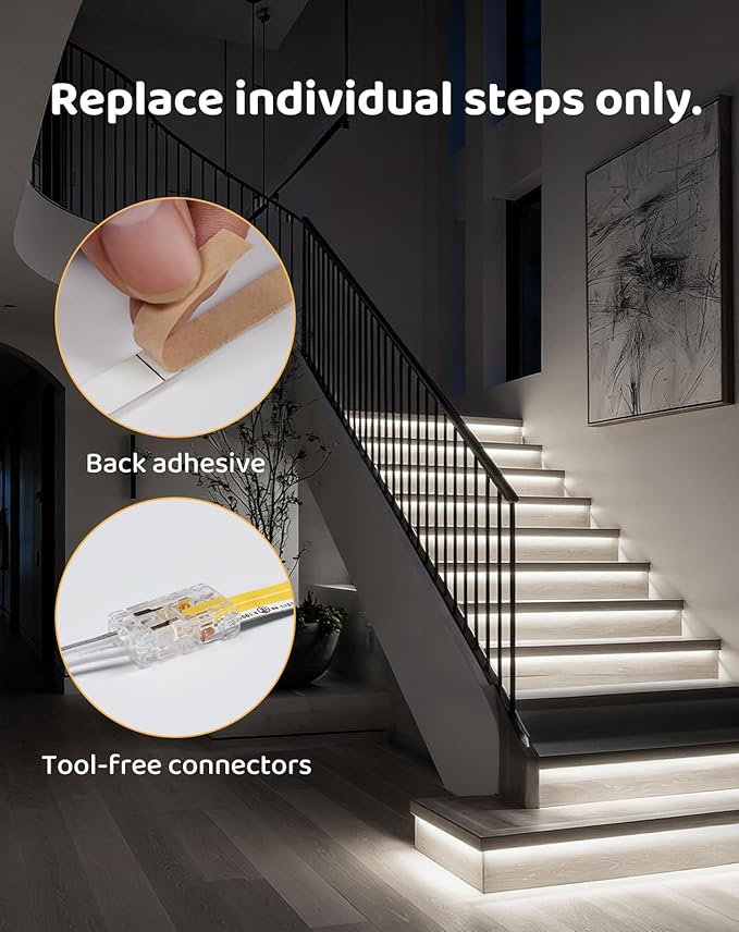 20-Step LED Stair Lights, 12V 6W 6500K Cool White Stair Lighting with Radar Motion & Daylight Sensors, Remote Control, Cuttable Every 1 Inch, Plug-and-Play Design,UL Listed