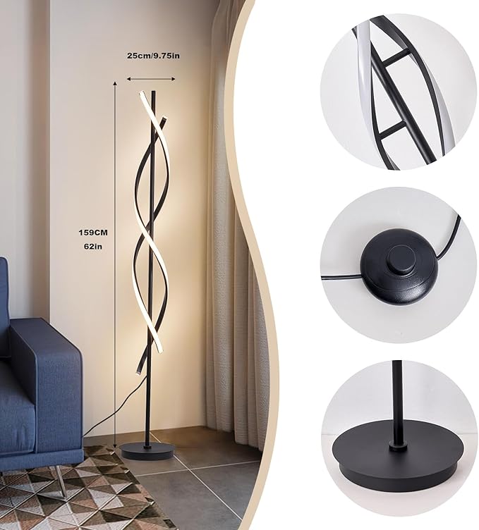 Modern Floor Lamp, 40W 3 Colors Stepless Dimmable and Color-Changing Bright Floor Standing Tall Lamp for Living Room,60" Unique Spiral Floor Lamp for Bedroom Office with Remote Black