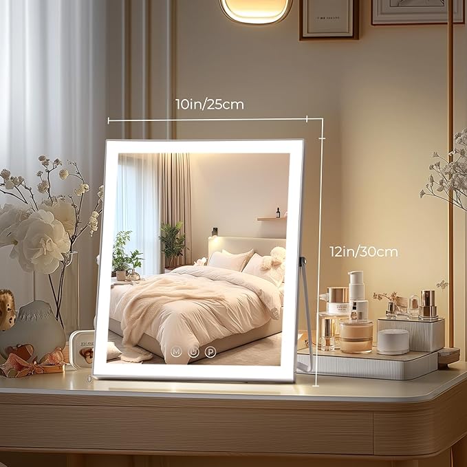 Vanity Mirror with Lights,10"x12" Lighted Makeup Mirror with 3 Color Modes & Dimmable, 360° Rotation Desk Mirror, Dual Power Supply, Smart Touch Control with Settings Memory (White)