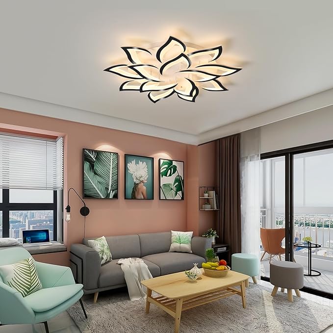 Garwarm Modern Ceiling Lights,Dimmable LED Flush Mount Ceiling Lamp with Remote Control,Black Acrylic Leaf Ceiling Light Fixture for Living Room Dining Room Bedroom 98W