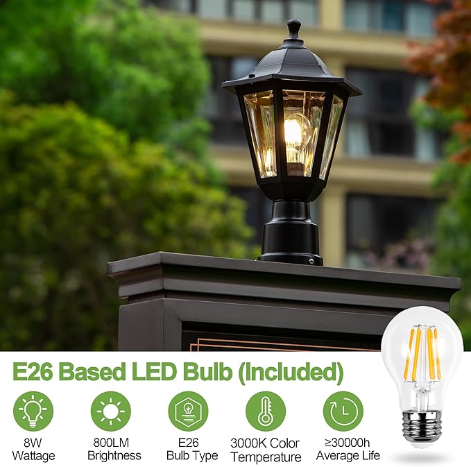 FUDESY Outdoor Post Light, Exterior Lamp Post Light Fixture with Pier Mount Base, Waterproof Pole Lantern Lighting with E26 Socket, Matte Black Plastic Lamp for Garden Patio Pathway(Bulb Included)