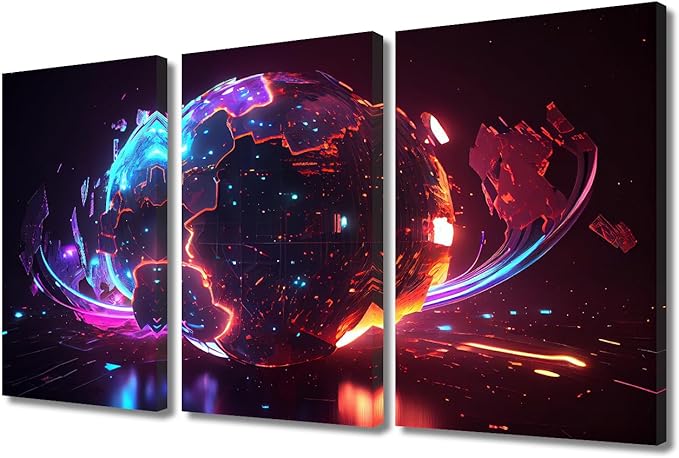 Digital World Pictures Cyber Space 3D Posters and Prints 3 Panel Framed Wall Art Neon Colorful Global World in Cyber Space Artwork for Home Wall Decoration Ready to Hang, 36" Wx24 H
