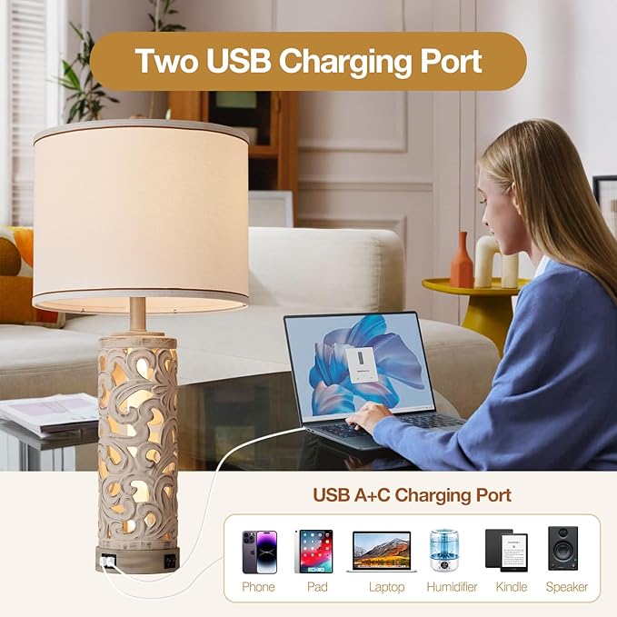 AIDENOEY Set of 2 Farmhouse Table Lamps with 2 USB Charging Ports, Vintage Carved Bedside Lamps with Smart Dimmable Bulbs, Rustic Nightstand Lamps for Bedroom Living Room Home Decor