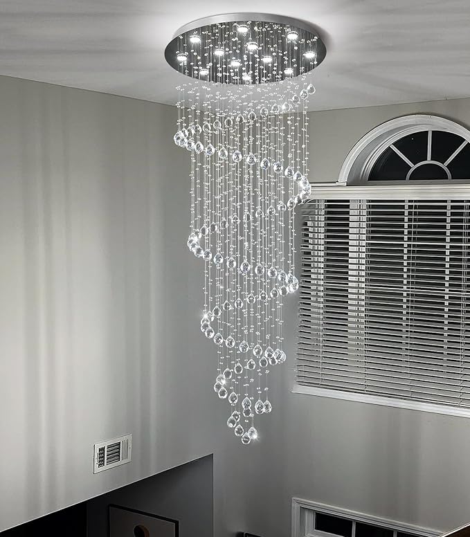 LED High Ceiling Chandelier Crystal Chandeliers Light Fixtures with Dimmable Light Bulbs Gold Living Room Foyer Chandelier Modern Pendants Lights for Entryway Staircase Silver