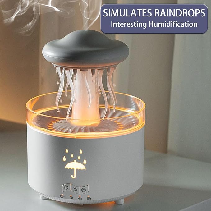 Rain Cloud Humidifier Water Drip, 300ML Rotating Jellyfish Aroma Diffuser with Remote &Timer, 7 Colors Mood Light Air Humidifier Raindrop Humidifiers for Bedroom Desk Funny Gift (White)