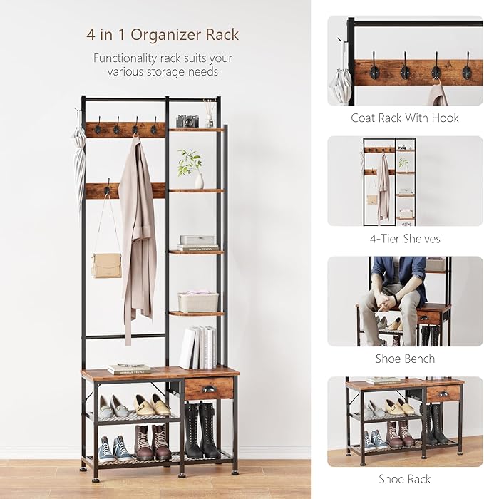 Furologee Coat Rack, Hall Tree with Bench and Shoe Rack, 4 in 1 Entryway Bench, Entryway Shoe Storage with 4 Shelves, 8 Hooks, 1 Fabric Drawer, Rustic Brown