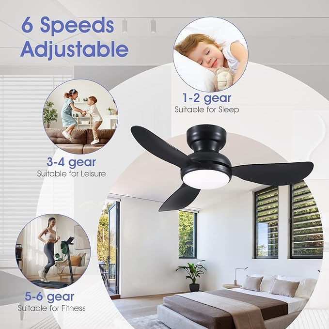36 Inch Flush Mount Ceiling Fan with Light, 3 Reversible Blades, Remote & APP Control, 3 CCT Dimmable for Bedroom Living Room, Black