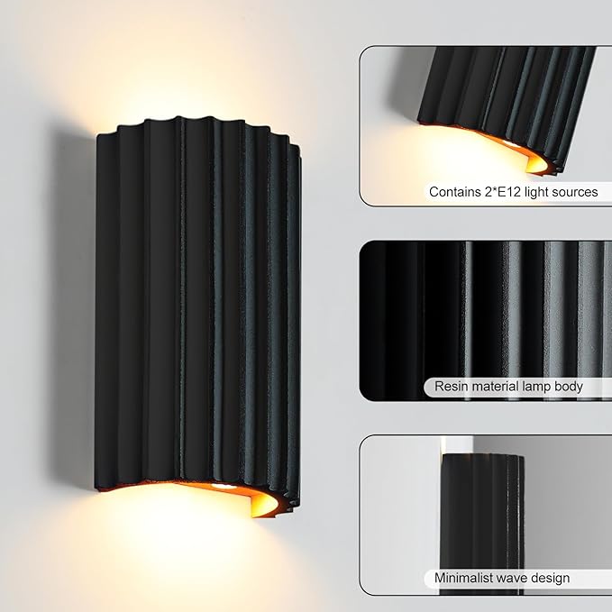 ZEROUNO Black Resin Modern LED Wall sconces Hardwired Indoor Wall Lights Up and Down Wall Mount Wall Lamp Fixture for Living Room Bedroom Hallway Corridor Conservatory Stairs (with E12 Bulbs)