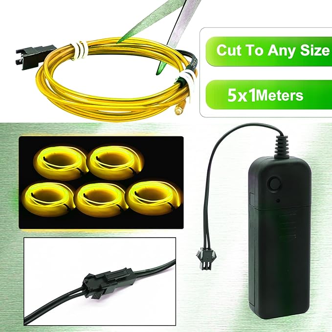 Ourbest EL Wire Lights Battery Powered, Wearable Led Wire Lights 5in1 neon String Light,DIY neon Sign kit Stay/Slow/Fast Flash Party Decoration 1M Yellow