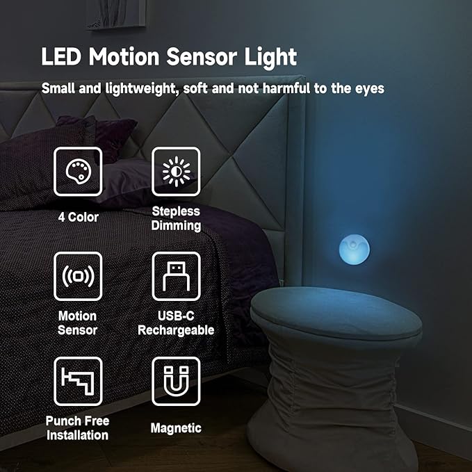 Motion Sensor LED Night Light, Rechargeable LED Stick-On Closet Light with Dusk to Dawn Sensor, Adjustable Brightness for Bedroom, Cabinet, Wall, Stairs, Hallway, Kitchen (2 Pack)