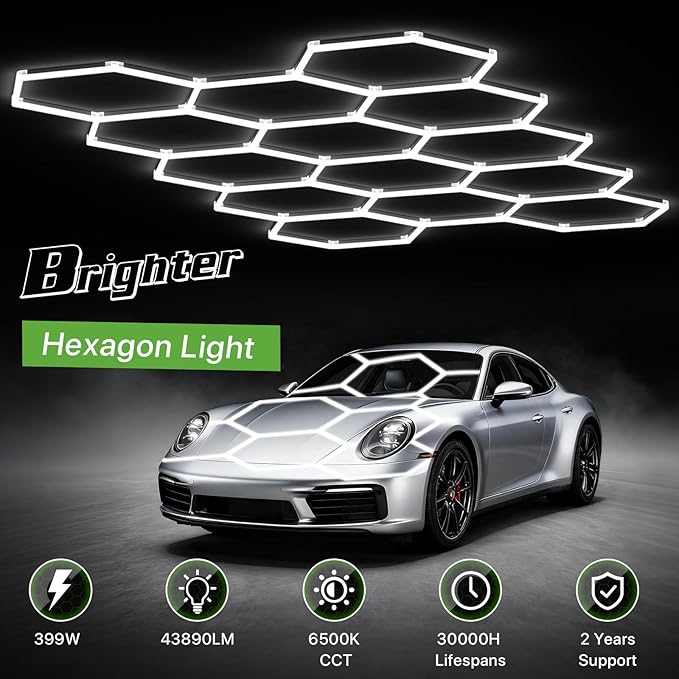 Glitgate Hexagon Garage Lights, 399W 43890LM, 14 Grid LED Shop Light, 6500K Daylight White Hex Lights for Garage, Gym, Basement, Workshop, Super Bright Ceiling LED Lights