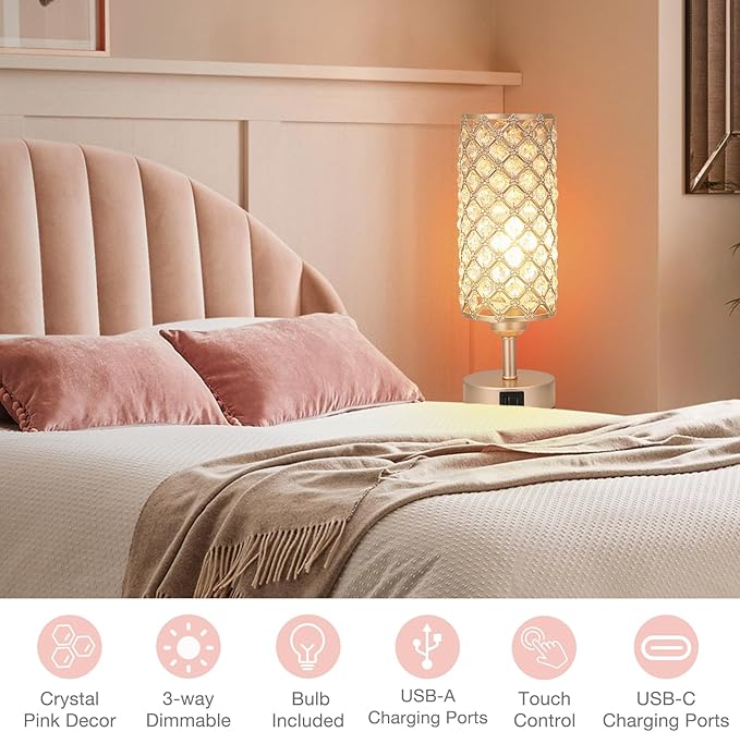 Crystal Table Lamp with USB C+A Ports, 3 Way Dimmable Touch Lamp with Crystal Shade, Champagne Gold Bedside Nightstand Small Lamp for Living Room Bedroom Home Office
