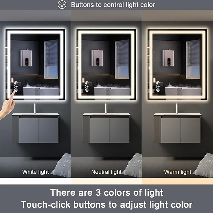 Led Bathroom Mirror with Light 48"x40" Frameless Lighted Vanity Mirror Wall Mount, Fogless, 3 Color Mode, Stepless Dimmable Front Light and Backlit, Smart Touch Sensor, Tempered Glass