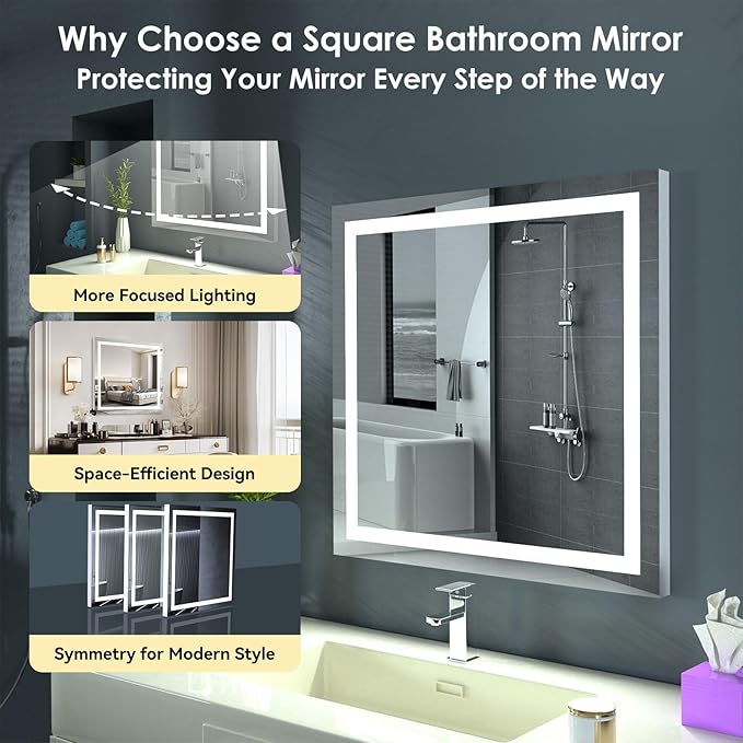 LED Lighted Bathroom Mirror with Anti-Fog, Square Wall Mounted Vanity Mirror with Smart Touch Button, Memory Function, Adjustable Warm White/Natural/Daylight Lights(24x24 inches)