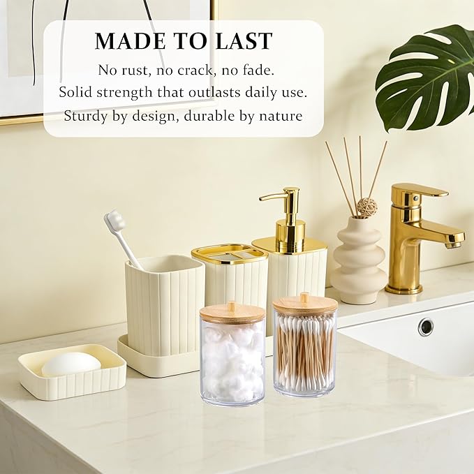 Bathroom Accessories Set-9PC Set, Complete Bathroom Decor & Home Decor, Bathroom Set with Toilet Brush, Trash Can, Soap Dispenser,Modern Home Bath (Beige&Gold, Bath Set)