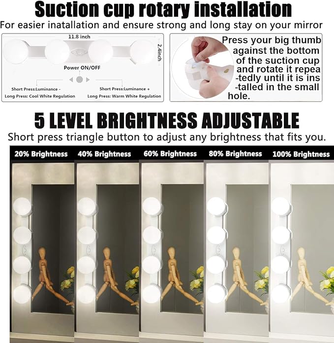 Portable Makeup Light,Cordless Led Vanity Mirror Lights with Brightness Color Temperature Adjustable for Vanity Table Bathroom Dressing Room
