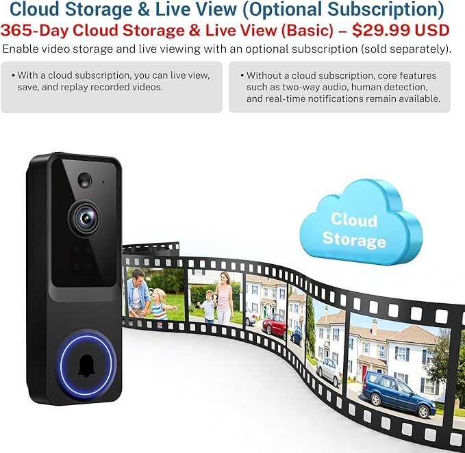 1080P Wireless Home Security Doorbell Camera with Receiver，AI Human Detection，Real-Time Alerts，2-Way Audio，Battery Powered，Night Vision，Cloud Storage, 2.4Ghz Wi-Fi