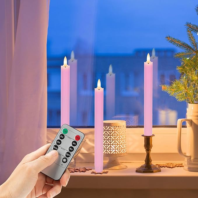 Pink Flameless Taper Candles with Rmote, 9.6" Real Wax Battery Operated Candles with 3D Wick, 3 Pack Led Candlesticks Flickering, Electric Candlesticks for Home, Wedding, Party Decor