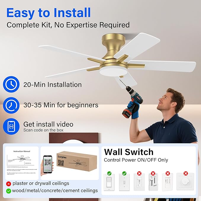 42 Inch Ceiling Fans with lights,RGB Low Profile Ceiling Fan with Light and Remote Control,Modern Flush Mount Ceiling Fans for Bedroom,Patio,Porch,Outdoor Indoor Use,in Black White and Gold,Quiet