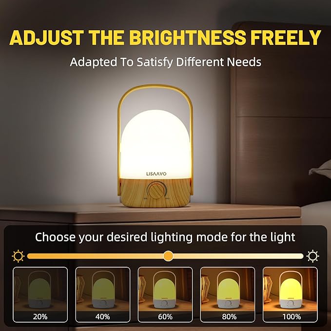 Night Light - Dimmable Touch Lamp with 5 Brightness Colors, with Portable Handle, Type-C Rechargeable with Battery, for Bedroom/Side Table (Wood Bottom)