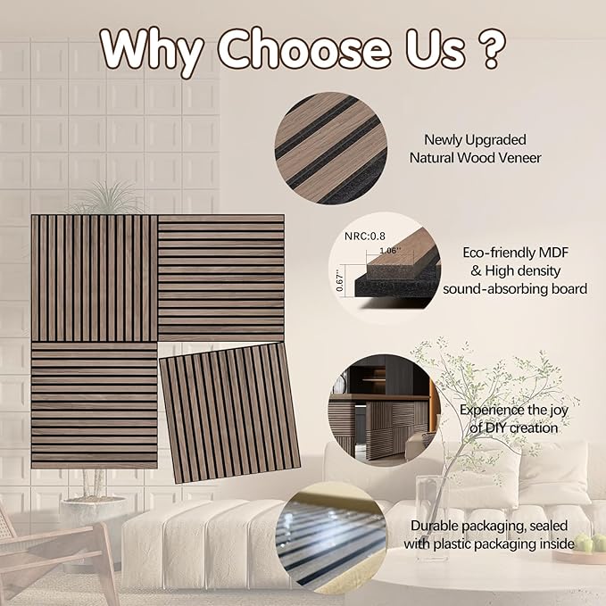 Wood Slat Wall Panel - 4 PCS Walnut Wood Panels for Wall, Natural Wood Veneer Acoustic Slat Wood Wall Panels - Wood Slats for Wall Soundproof Wood Panels 23.6" W x 23.6" L