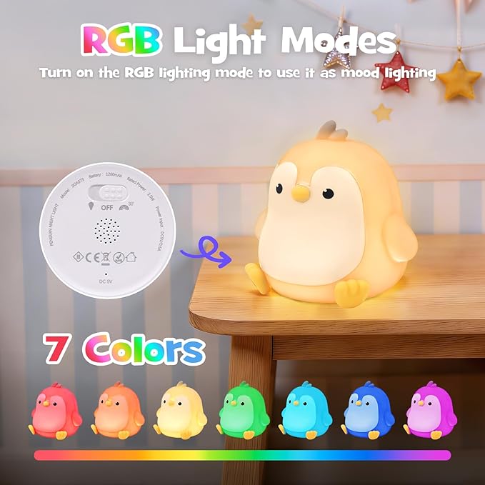 Penguin Night Light Squishy Silicone Nursery Breastfeeding Nightlight with Timer 3-Level Warm White RGB Color Modes Cute Penguin Lamp Rechargeable Touch Bedside Desk Animal Lamp for Bedroom Dorm Decor
