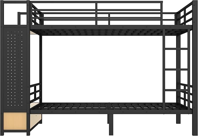Bellemave Queen Over Queen Metal Bunk Bed with Storage Drawers and Shelves, Heavy Duty Bunk Beds with Pegboard and Coat Rack for Kids, Adults,Black