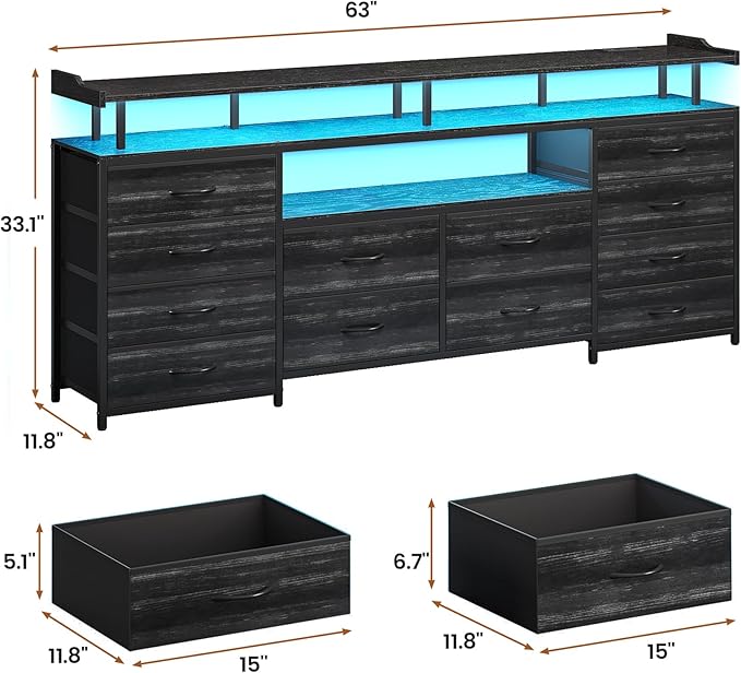 BTHFST 12 Drawers TV Stand Dresser for 65/70 inch TV, Entertainment Center with LED Lights & Power Outlets, 63" Large LED TV Stand, TV Console for Bedroom