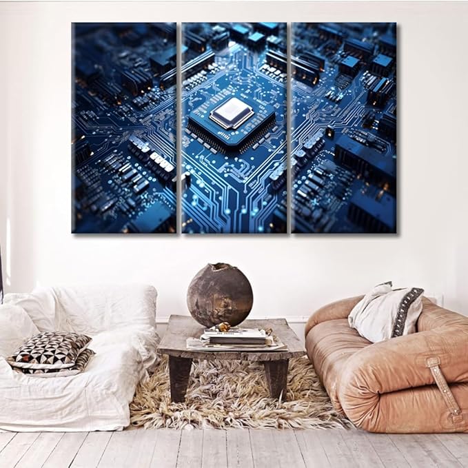 Rebotipy Technology Blue AI Wall Art Painting on Canvas 3 Panels Circuit Board Pictures Bedroom Wall Art Modern Home Decor Chip House Decorations for Living Room Stretched on Wooden Frame, 60" Wx40 H