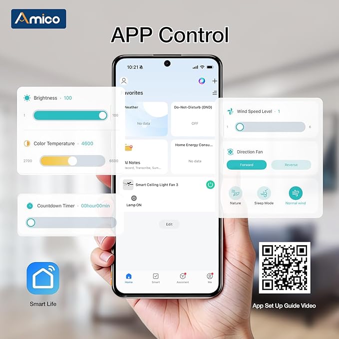 Amico Ceiling Fans with Lights, 52 inch Smart Ceiling Fan with Remote/APP/Alexa Control, Downrod Mount, Reversible DC Motor, 5 Blades, 6 Speeds, 3CCT, Dimmable, Noiseless, Bedroom, Living Room, Black