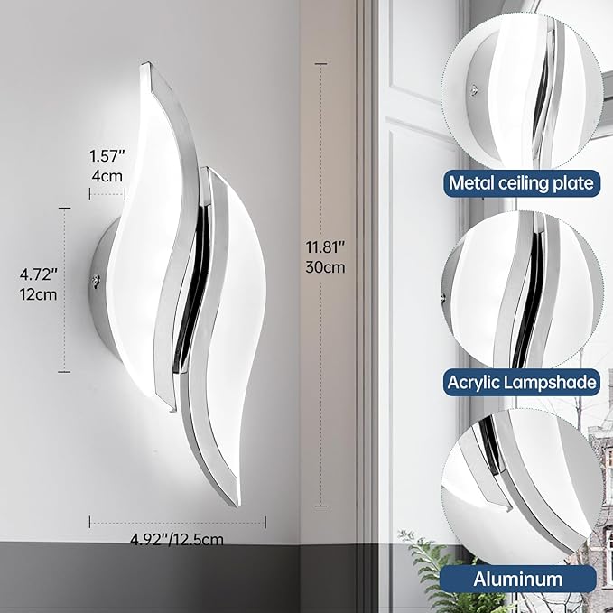 CANEOE Modern LED Wall Sconce 6000K Chrome Indoor Wall Light Fixtures Acrylic Wall Sconce Lighting for Living Room Bedroom Bedside Bathroom Hallway Stairway Wall Lamp (Chrome, 1 Pack, 6000K)