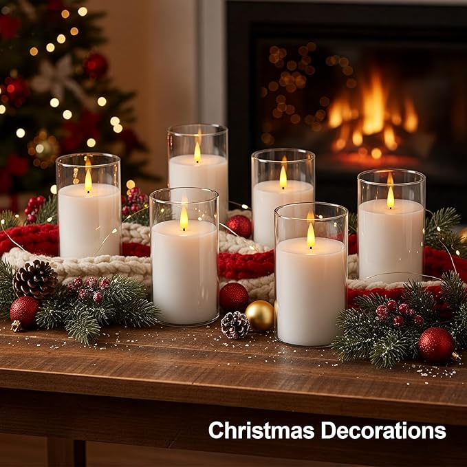 5plots Flameless Battery Operated Candles Set of 3, White LED Candles with Remote Timer, Real Wax Glass Pillar Candles Warm Flickering Light for Indoor Home, Halloween, Christmas Decor D3 x H6 6" 6"