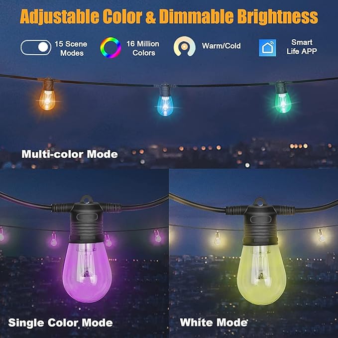 Upgrade 100ft Outdoor String Lights,Smart RGB Christmas LED Lights Work with Alexa, Waterproof Outside Patio String Lights with 30 Dimmable LED Bulbs,Color Changing Outdoor Lights with App & Remote