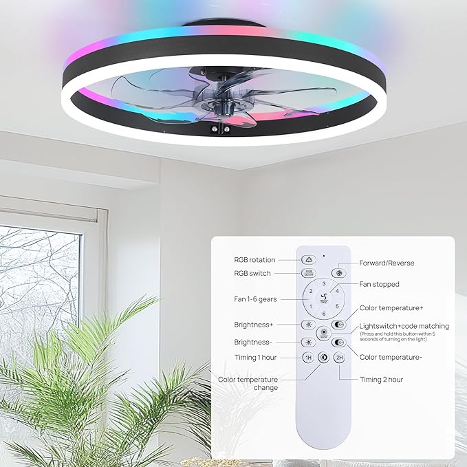 RGB Ceiling Fans with Lights, 20" Fandelier Low Profile Ceiling Fan with Light, Modern Flush Mount Ceiling Fan Light with Remote/APP Control, Bedroom Chandelier Fan Fixture for Indoor(Black)