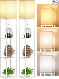 Floor Lamp with Shelves for Living Room 2 Pack, Shelf Floor Lamp with 3 CCT LED Bulb, Corner Display Standing Column Lamp Etagere Organizer Tower Nightstand with White Linen Shade for Bedroom, White